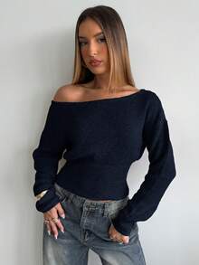 Aloruh 咖啡色斜肩领女士休闲短款针织套头毛衣，秋冬女装 - 藏蓝色 - 查看 6