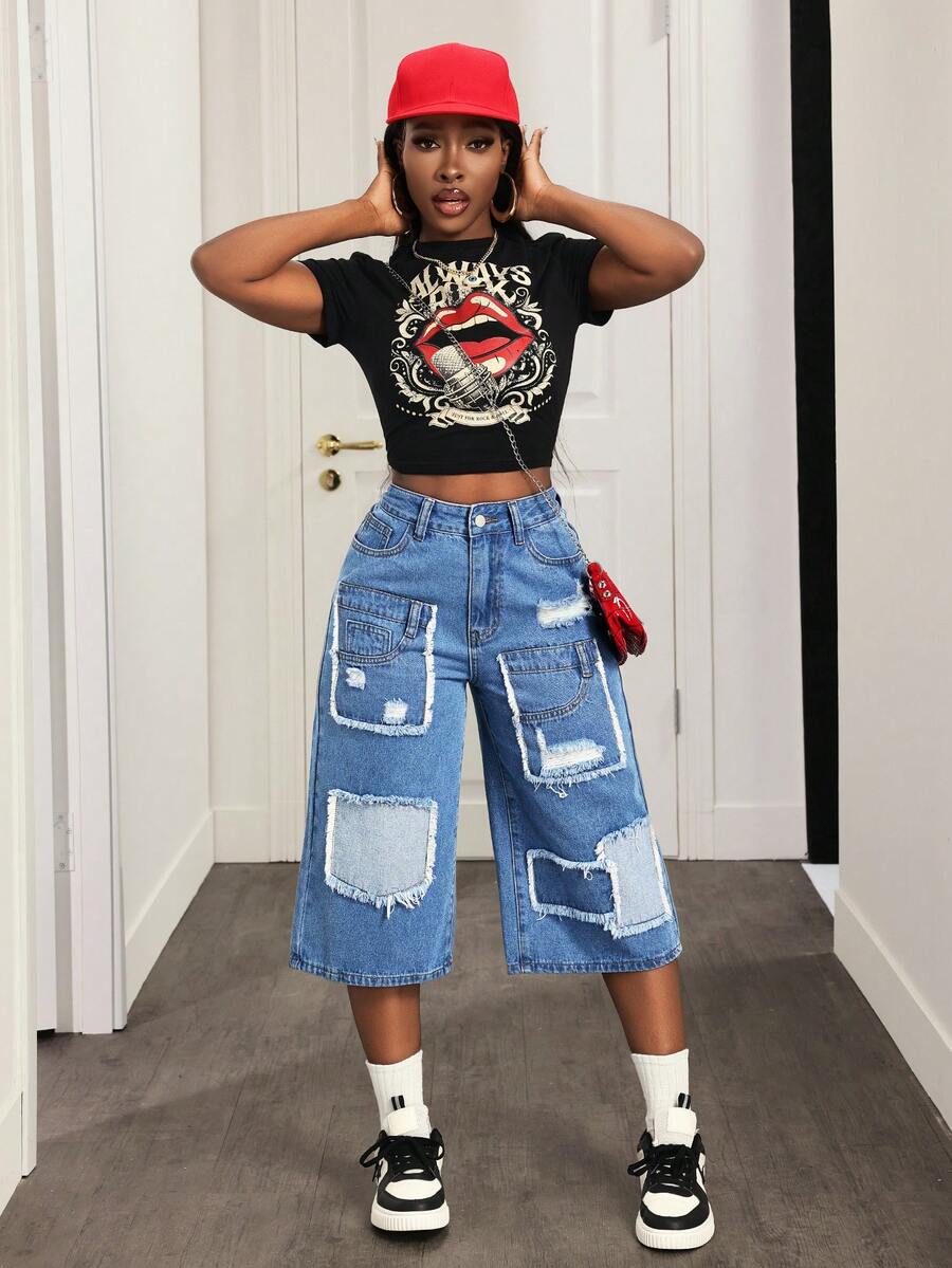 Slaydiva Women's Casual Washed Distressed Wide Leg Jeans Baggy Jeans Y2k Baggy Jorts Patchwork Jeans - Blue - View 1