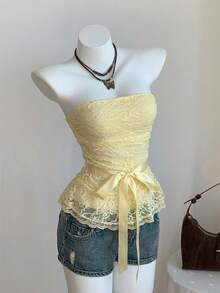 Comfortcana 女士Y2K风格打结蕾丝抹胸上衣，无肩带荷叶边露脐上衣，奶油黄 - 淡黃色 - 查看 4