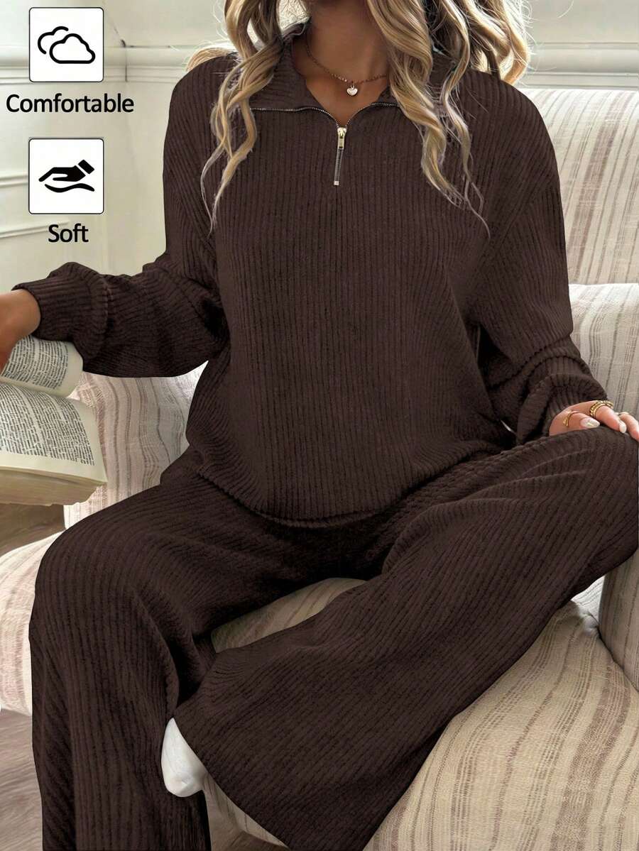 SHEIN 2pcs/Set Teen Girl Solid Color Fuzzy Ribbed Half-Zip T-Shirt And Pants Set Brown Brown Set Girl Brown Set - Brown - View 1