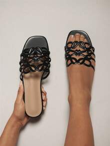 SHUZIA Women's Elegant Floral Cut-Out Slip-On Flat Sandals - Black - View 2