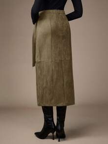 NOVVYNE Women's Solid Color Minimalist Casual Tie Waist Skirt Wrap Around Skirt Khaki Skirt Women High Slit Skirt Asymmetrical Skirt Split Thigh Skirt - Khaki - View 2