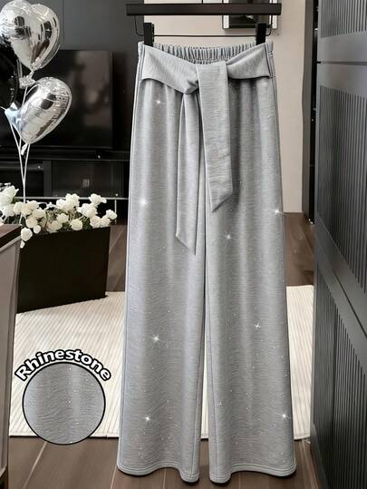 Resyla Franclia 女士时尚水钻装饰高腰抽绳宽松直筒运动裤，百搭秋季休闲裤