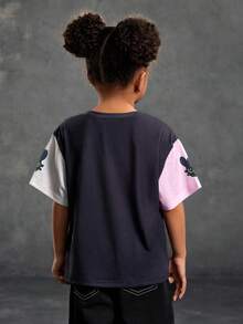 SHEIN How to Train Your Dragon Young Girl Casual Contrast Color Letter & Dragon Pattern Short Sleeve T-Shirt, Summer - Black - View 2