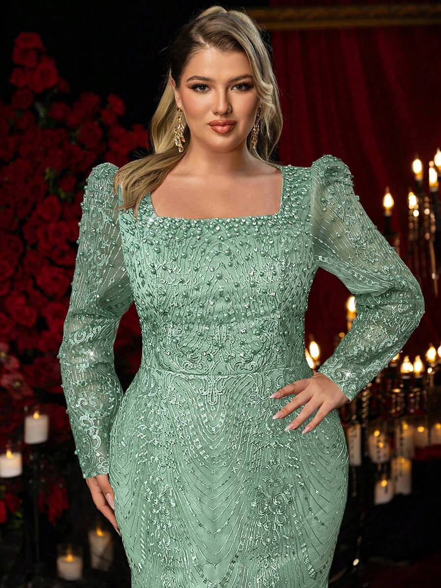 Glamrae 大码优雅浪漫香槟色方领长袖薄纱水钻珍珠装饰鱼尾连衣裙，适合婚礼、派对、正式场合、晚宴、正式晚礼服（重工装饰设计） - 綠色 - 查看 1