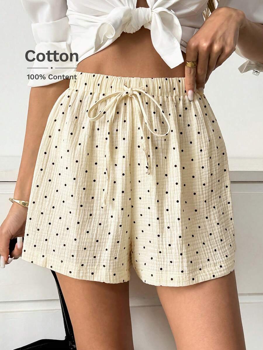 Easowa 女士休闲白色波点印花100%纯棉短裤 - 白色 - 查看 1