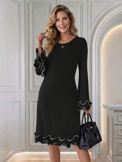 Miaspire This Elegant Women's Autumn/Winter Dress Features A Black And White Wavy Trim, Showcasing A Fashionable Design. It Boasts A Round Neck, Long Sleeves, Flared Sleeves, And A Ruffled Hem. The Fitted Waist Accentuates Curves, While The Classic Black And White Trim Adds A Touch Of Sophistication And Eye-Catching Detail. The Long Sleeves Are Perfect For Autumn And Winter, Making It A Stylish Choice For New Year's Outfits, Parties, And Other Occasions Requiring A Striking Look.