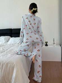 Dream Adore Bộ đồ ngủ nữ tay dài và quần dài in họa tiết quả anh đào sọc, cổ ve lật. - Màu xanh lam - Xem 2