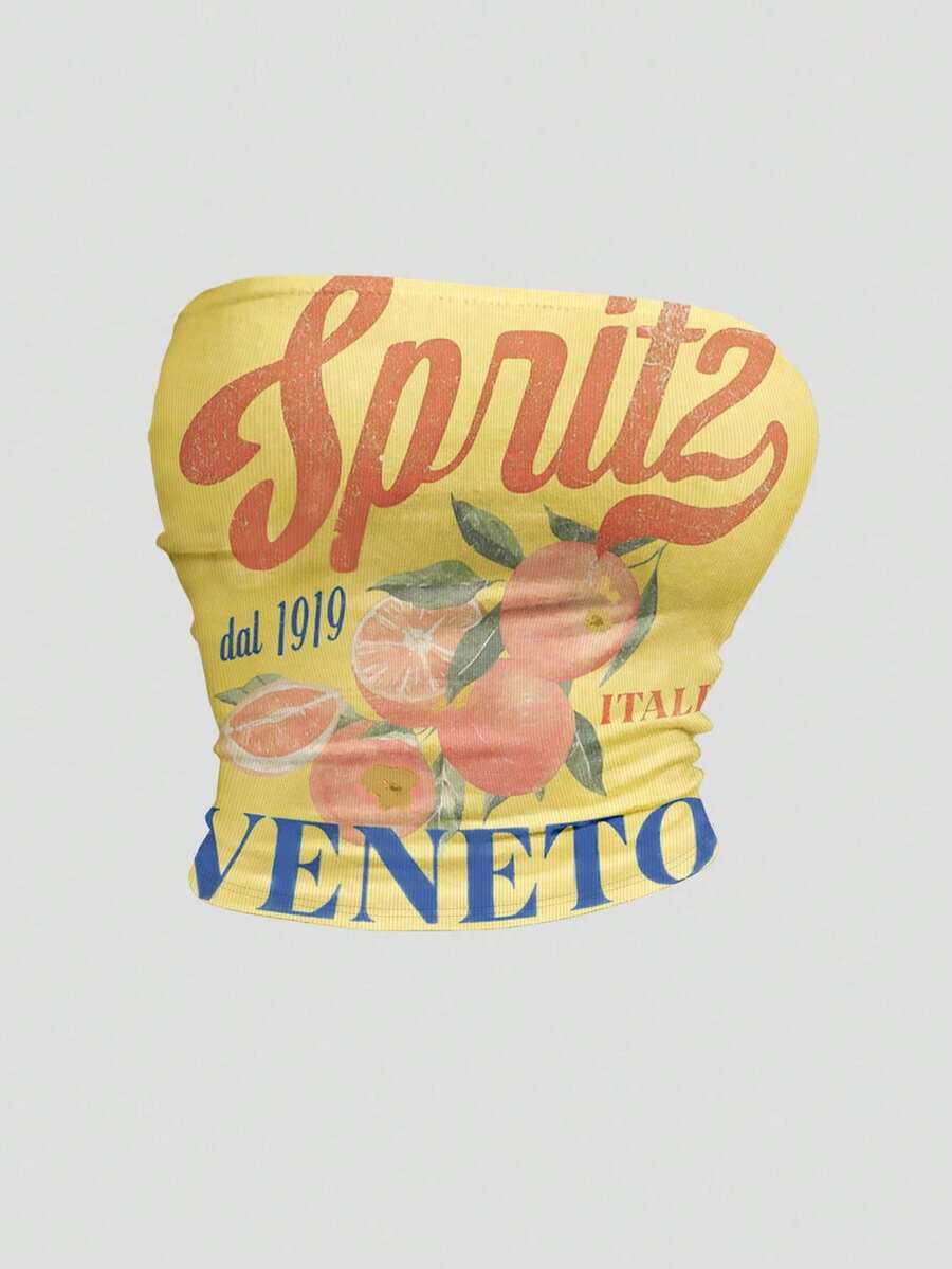 DrmWander Damen Crop Tube Top in Große Größen mit Zitronen- und Orangenprint, Y2K-Stil für Urlaub & Strand - Verschiedenfarbig - Übersicht 1