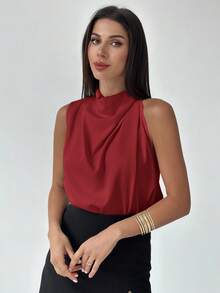 Firerie 女士优雅时尚新款通勤办公日常度假音乐节不对称褶皱杏色衬衫，春夏款 - 紅色 - 查看 3