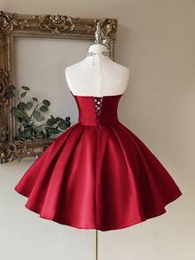 Lovelzi Elegant Blue Strapless Sweetheart Neckline Ruched Front Luxurious Rhinestone Embellished A-Line Peplum Hem Adjustable Tie Back Formal Gown - Burgundy - View 3