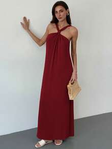 Aloruh Sleeveless A-Line Dress For Women, Apricot Color, Suitable For Spring/Summer Vacation - Burgundy - View 3