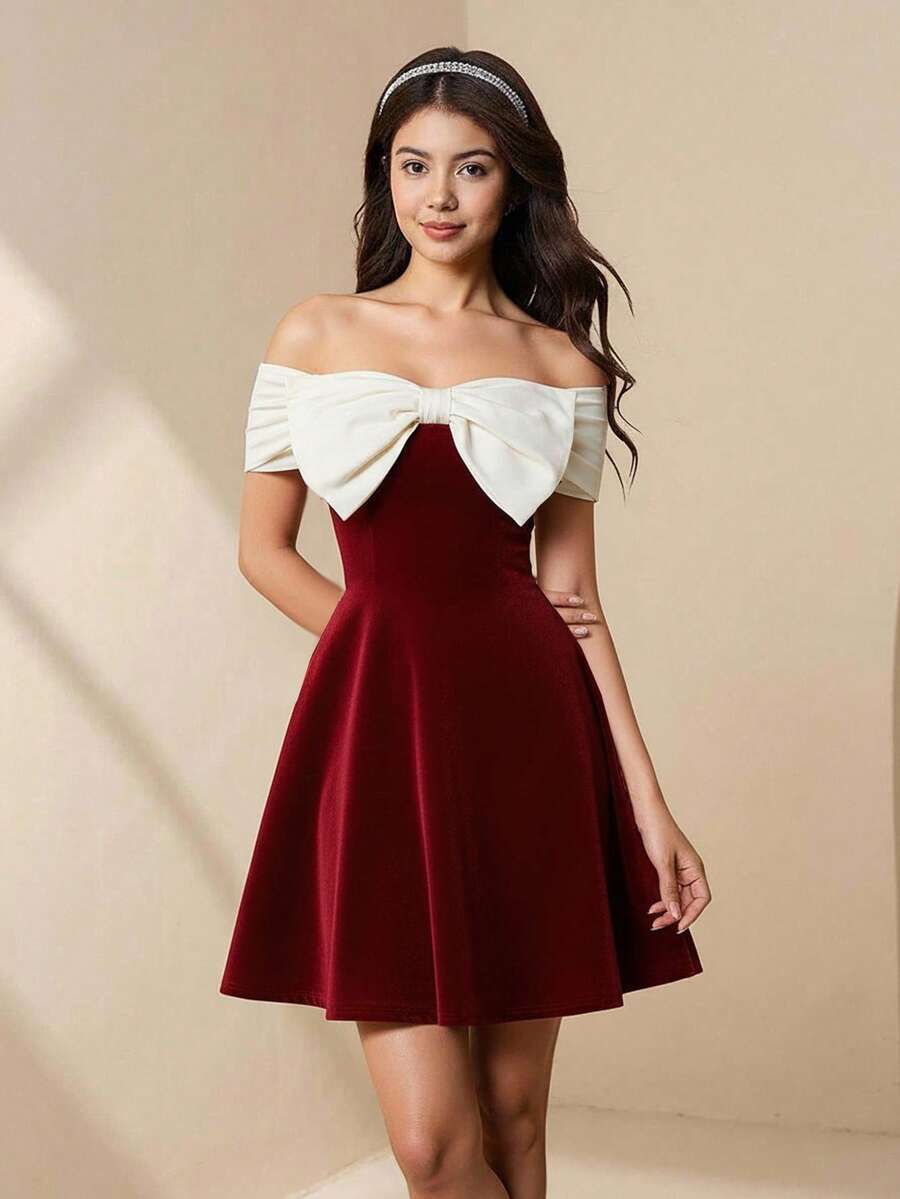 SHEIN 少女撞色蝴蝶结肩部镂空迷你连衣裙，黑色，适合返校、约会、派对、婚礼、返校节、伴娘 - 彩色 - 查看 1