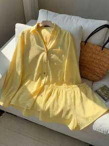 Tween Girls French Casual Style Girls Lemon Yellow Textured Shirt & Shorts Set, Loose Fit Sunscreen Jacket, Beach Vacation Outfit - Yellow - View 2