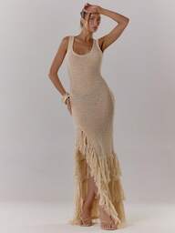 MUSERA Scoop Neck Knit Fringe Split Detail Maxi Dress Sexy Summer Ibiza Holiday Cute Vacation Wedding Guest Fall Wedding Guest, Elegant, Birthday, Church, Night Out Christmas, Halloween, Fall, Winter Party Thanksgiving