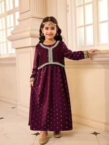 2 piezas Vestido burdeos para niñas, hecho de tela delicada con detalles dorados, diseño de cuello redondo con bordado dorado exquisito en los puños, vestido largo con parte superior a juego, adecuado para festivales, eventos con temática, ligero para primavera/verano/otoño - Burdeos - Ver 5