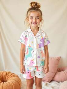 Conjunto de 2 piezas de pijama corto con estampado de unicornio colorido para niñas jóvenes, conjunto de ropa cómoda para el hogar, ropa de dormir para niñas, conjunto de pijama para niñas, ropa para niñas pequeñas, ropa para primavera y verano - Multicolor - Ver 1