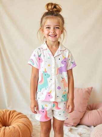 2pcs Young Girl Colorful Unicorn Pattern Collar Short Sleeve Shorts Pajama Set, Comfortable Home Outfit Pj Set For Girls Sleepwear For Kids Pj Sets Girls Pj Set For Kids Little Girl Clothes For Kids Spring Summer Clothes