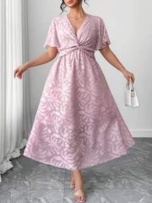 Elenzga 情人节加大码女士优雅简约V领短袖扭腰镂空休闲长连衣裙，春季 - 淡紫色 - 查看 1