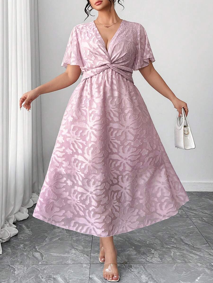 Elenzga 情人节加大码女士优雅简约V领短袖扭腰镂空休闲长连衣裙，春季 - 淡紫色 - 查看 1