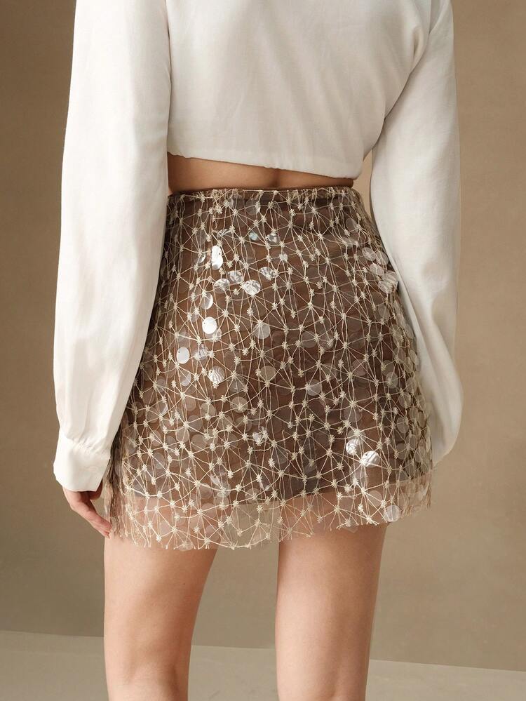 Apricot Color Sequin See-Through Skirt For Ladies