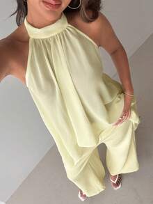 Aloruh 女士新款米黄色纯色吊带雪纺上衣和阔腿裤两件套，复古浪漫约会度假装，春夏款 - 淡黃色 - 查看 6