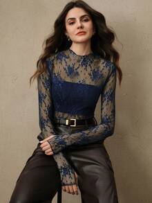 Anewsta Women's Lace See-Through Thumb Hole Elegant Blouse, Suitable For Holiday Party Outfits - Royal Blue - View 2