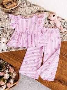 SHEIN 2pcs Baby Girls' Spring/Summer Casual Striped Flare Sleeve Bow Tie Chiffon Blouse And Pants Set