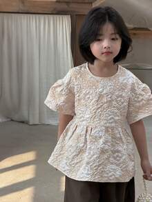 DAZY Young Girls Textured Puff Sleeve Short Sleeve Blouse, Fall Clothes Spring - Apricot - View 2