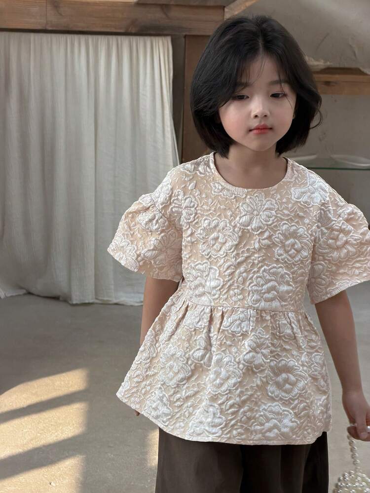 Young Girls Textured Puff Sleeve Short Sleeve Blouse, Fall Clothes Spring Summer
