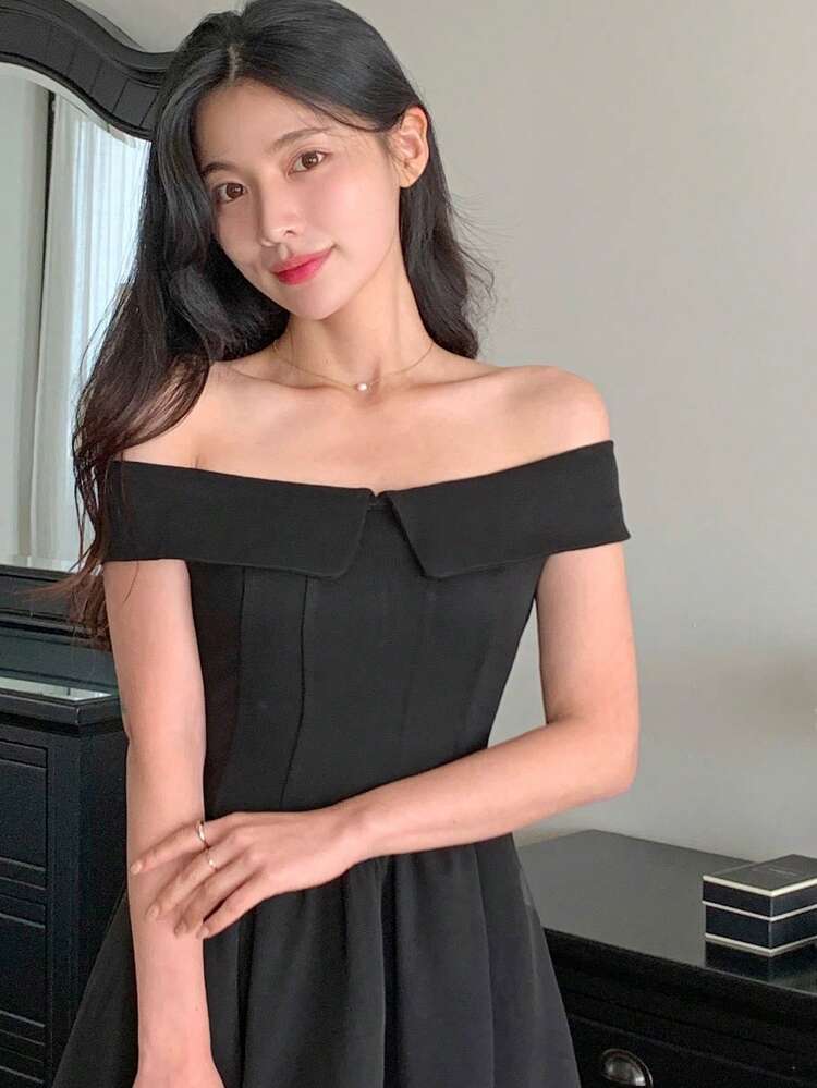 Women's Off-Shoulder Fitted Patchwork Colorblock Mid-Length Dress Sundress Cocktail Dress