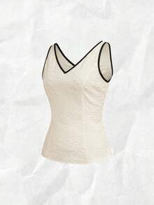 Chiquease Women's Elegant Contrast Trim Jacquard V-Neck Camisole, Suitable For Commuting, Summer - White - View 4