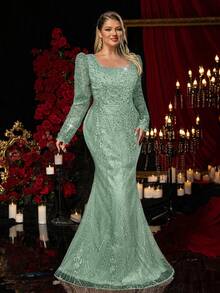 Glamrae 大码优雅浪漫香槟色方领长袖薄纱水钻珍珠装饰鱼尾连衣裙，适合婚礼、派对、正式场合、晚宴、正式晚礼服（重工装饰设计） - 綠色 - 查看 6