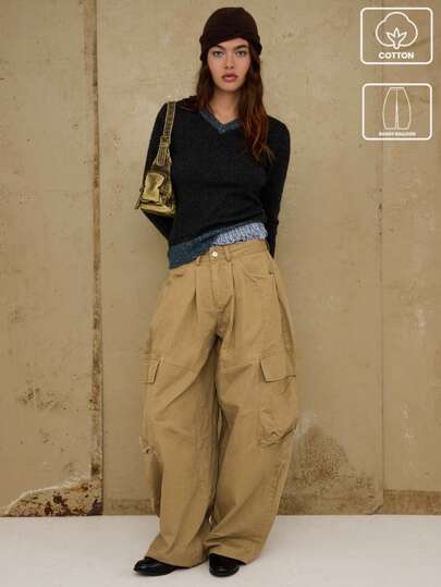 COUREZ 低腰宽松灯笼裤，棉斜纹面料/Y2K秋冬女式街头风宽松超大下装，适合外出、派对、新年等场合