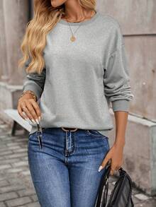 EMERY ROSE Women's Casual Minimalist Crew Neck All-Match Long Sleeve Sweatshirt, Spring/Autumn - Light Grey - View 4