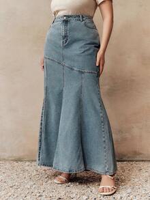 Anewsta 女士春季新款时尚拼接牛仔美人鱼裙 - 藍色 - 查看 1