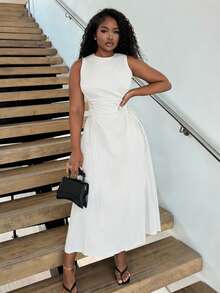 Alexandranx Black Date Night Lateral Cross Frenulum Solid Ruched Detail Long Dress,White Graduation Dress - White - View 6