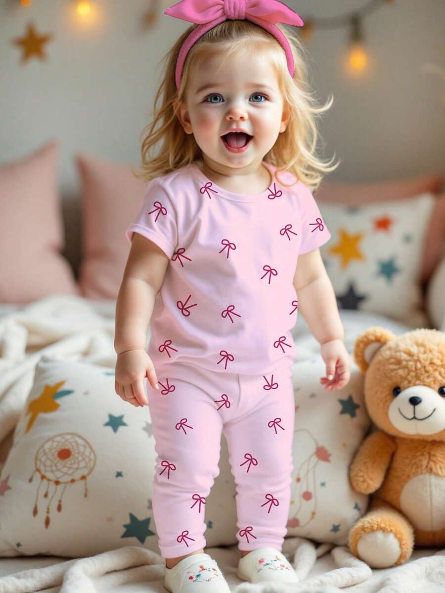 SHEIN Leap Crew Bộ đồ đôi cho bé gái dễ thương, kiểu dáng chấm bi nơ nhỏ, phong cách ba lê ngọt ngào, màu kem hồng, áo tay ngắn cổ tròn ôm sát và quần dài mặc nhà, phù hợp cho mùa hè, mùa thu, kiểu dáng mới, phong cách ngọt ngào, thời trang thu cho bé gái, ấm áp cho bé gái, thời trang hàng ngày cho bé gái, bộ hai món, dễ mặc và thoải mái. - Nhiều màu - Xem 1
