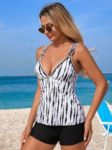 Swim Lushoire Women's Black & White Printed Tankini Swimwear Set,Summer Jamican Beach Party Vacation Holiday Tummy Control Singlet Bathing Suits 3 Pieces Outfit - Black and White - View 5