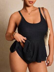 Elaquor Plus Size Summer Vacation Beach Solid Color Textured Tankini Set - Black - View 2