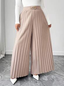 Elenzga Quần dài ống đứng xếp ly cạp cao trang trí dây xích vàng dành cho nữ cỡ lớn, thích hợp mặc đi làm hoặc đi học, mùa xuân/hè. - Lạc đà - Xem 1