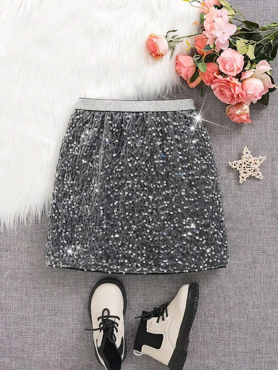 SHEIN Tween Girl Sequin Embellished Casual Skirt Valentine's Day Summer - Silver - View 1