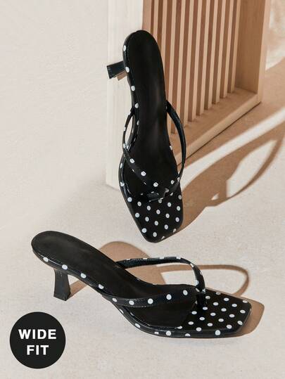 SHUZIA #WideFit Women's Black Polka Dot Thong Strap Kitten Heel Slide Sandals – , Chic & Easy To Walk In