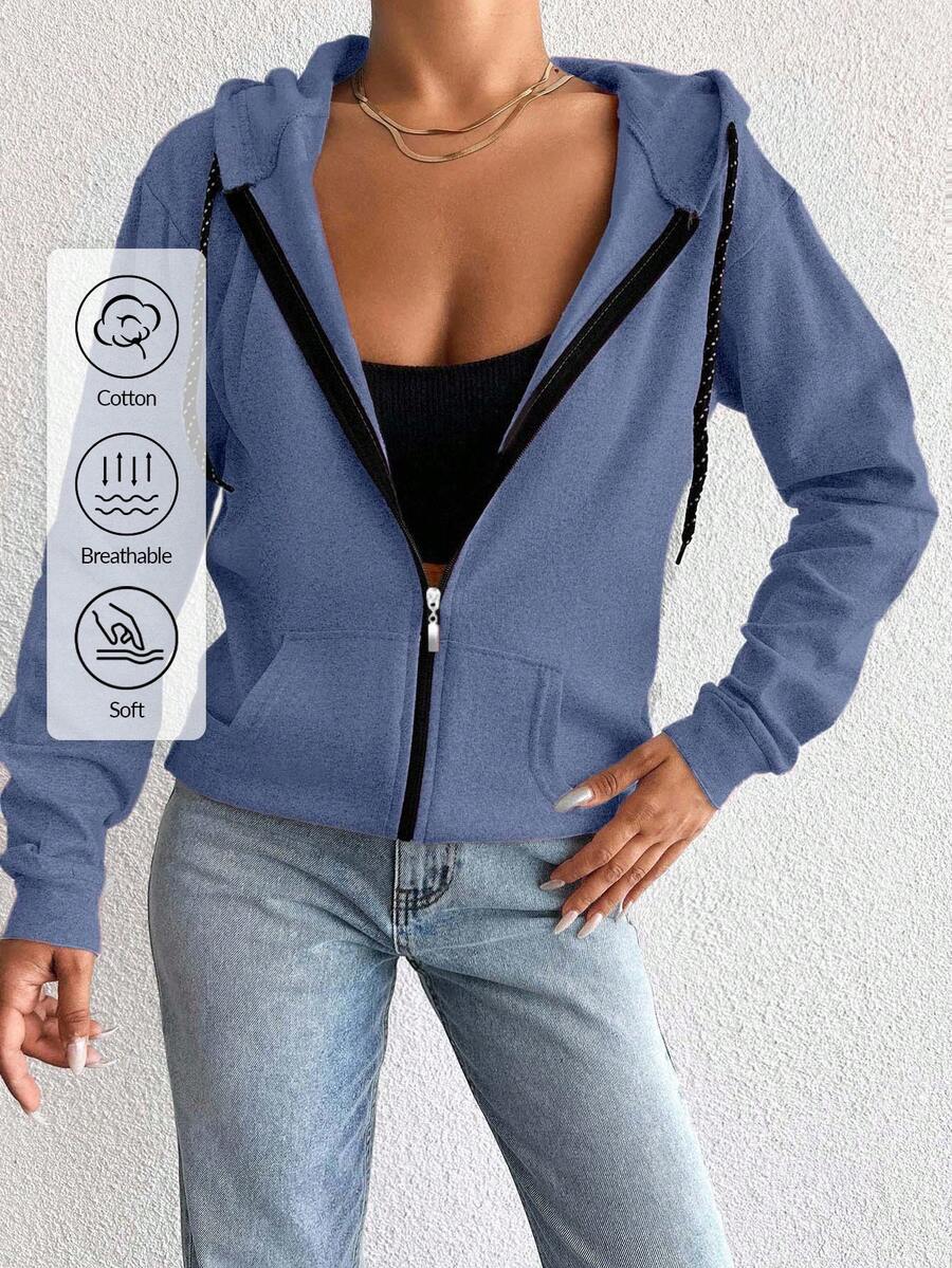 Áo hoodie dài tay 100% cotton thường ngày, dây rút, khóa kéo - Màu xanh hải quân - Xem 1