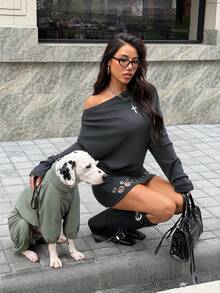 Muchica 1件女士灰色针织单肩长袖连衣裙 - 灰色 - 查看 6