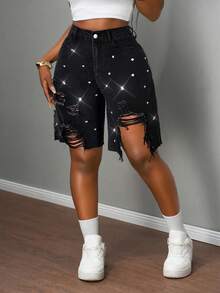 Slaydiva 大码女式休闲做旧水钻牛仔短裤 - 黑色 - 查看 2