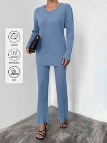 SHEIN Cottnline Women's Solid Rib Knit Two Piece Set - Royal Blue - View 1