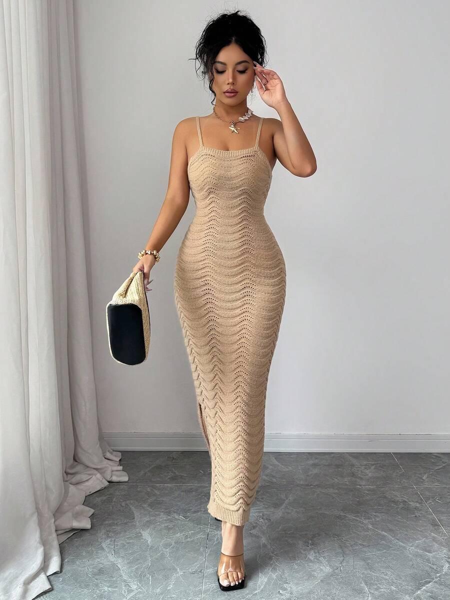 Elenzga Women's Sexy Hollow-Out Camisole Bodycon Dress - Khaki - View 1