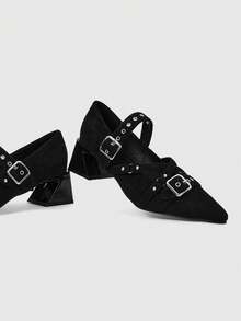 ROMWE Grunge Punk Giày da họa tiết sừng hươu dễ thương, kiểu dáng giản dị, thích hợp đi chân trần, đi làm và hoạt động ngoài trời. - Than chì đen - Xem 3