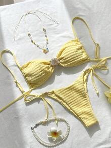 Swim Mod Women's Jacquard Fabric Spaghetti Strap Metal Shell Decor Bikini Set, Spring/Summer - Yellow - View 1